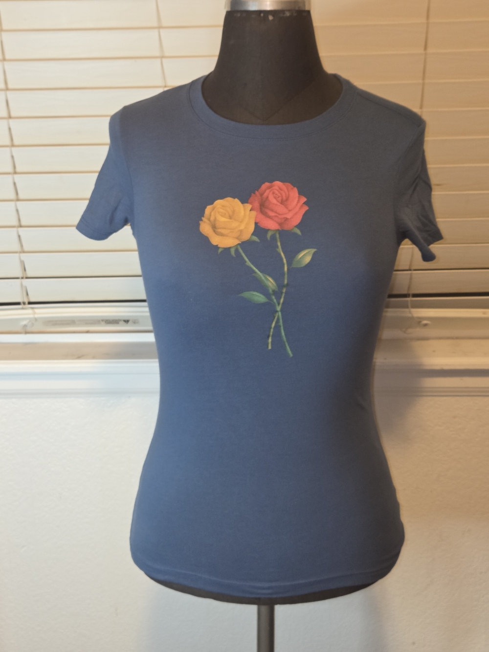 Free State Blue Tee with Yellow & Red Rose Graphic